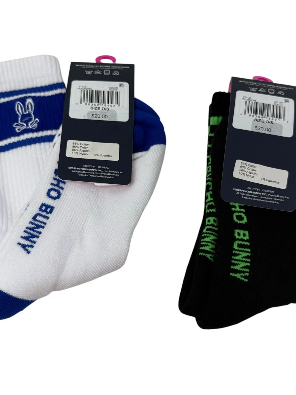 Psycho Bunny 2 pair Mens Sport Socks White black New